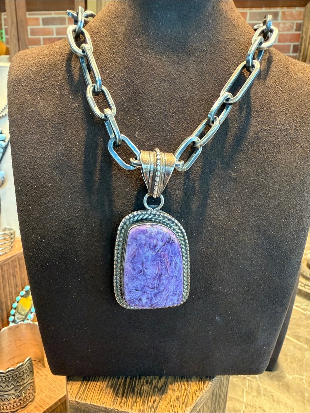 Charoite Statement Pendant and Heavy Box Chain Set